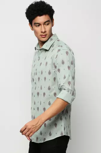men's long sleeves ethnic motifs sea green shirt