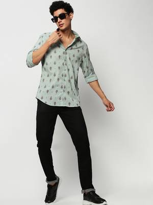 men's long sleeves ethnic motifs sea green shirt 5