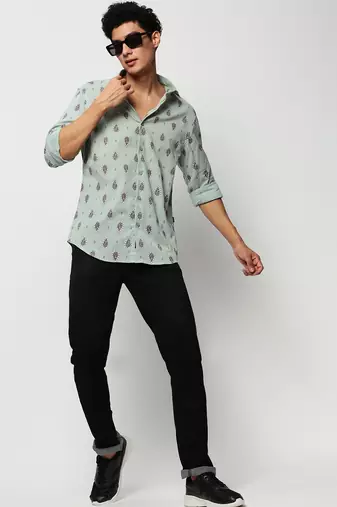 men's long sleeves ethnic motifs sea green shirt
