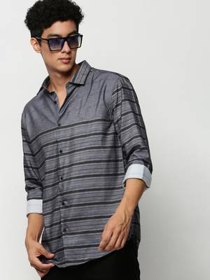 men's long sleeves horizontal stripes grey shirt 1