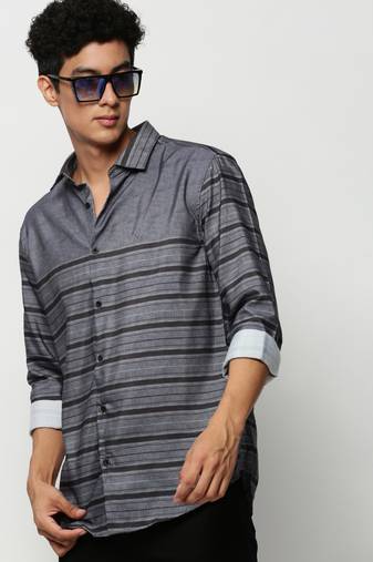 men's long sleeves horizontal stripes grey shirt