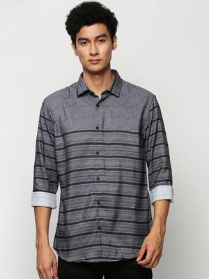 men's long sleeves horizontal stripes grey shirt 2