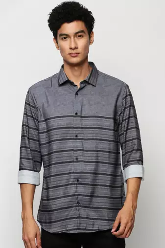 men's long sleeves horizontal stripes grey shirt