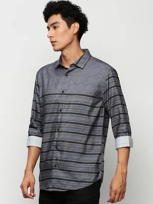 men's long sleeves horizontal stripes grey shirt 3