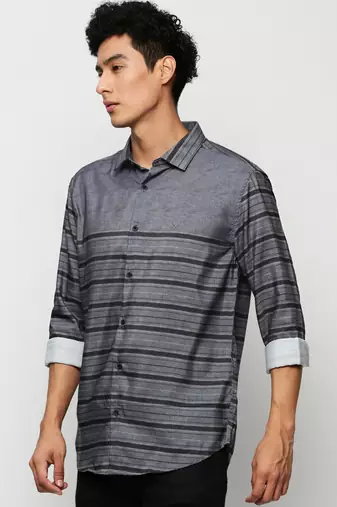 men's long sleeves horizontal stripes grey shirt
