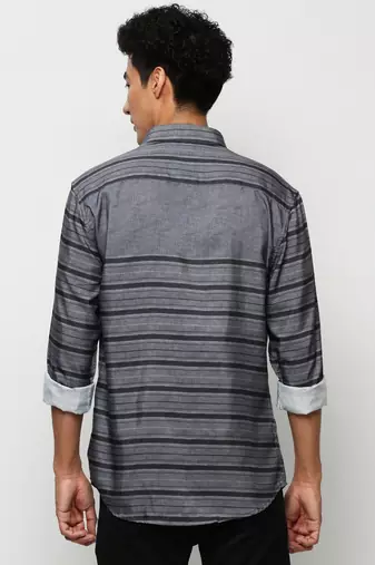 men's long sleeves horizontal stripes grey shirt