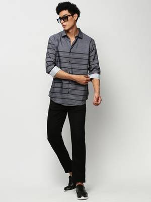 men's long sleeves horizontal stripes grey shirt 5