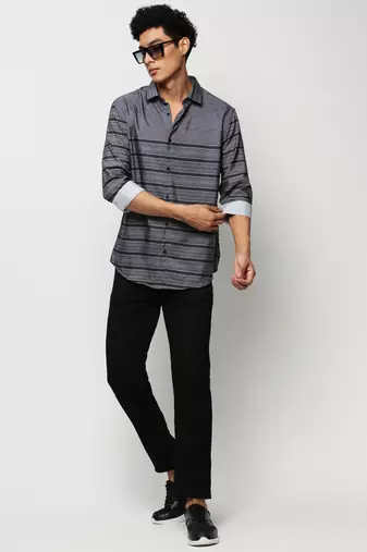 men's long sleeves horizontal stripes grey shirt