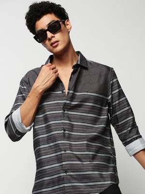 men's long sleeves horizontal stripes olive shirt 1