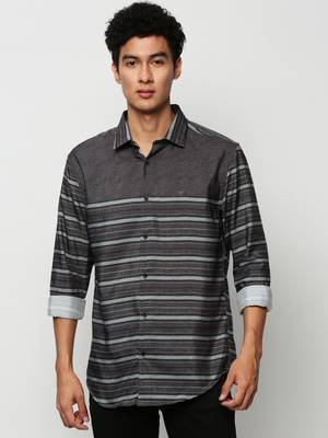 men's long sleeves horizontal stripes olive shirt 2