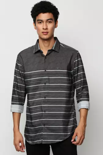 men's long sleeves horizontal stripes olive shirt