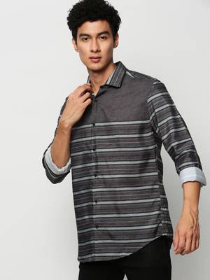 men's long sleeves horizontal stripes olive shirt 3