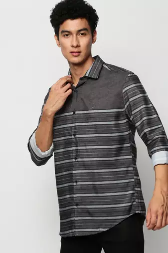 men's long sleeves horizontal stripes olive shirt