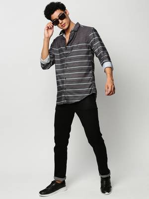 men's long sleeves horizontal stripes olive shirt 5