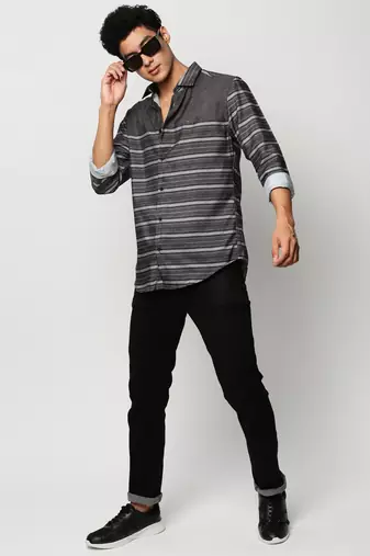 men's long sleeves horizontal stripes olive shirt