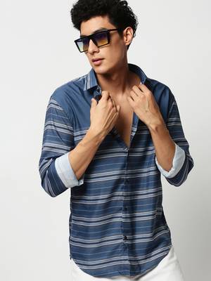 men's long sleeves horizontal stripes blue shirt 1