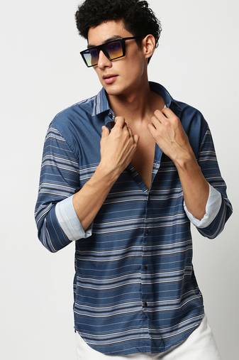 men's long sleeves horizontal stripes blue shirt