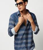 men's long sleeves horizontal stripes blue shirt