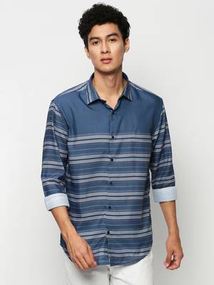 men's long sleeves horizontal stripes blue shirt 2