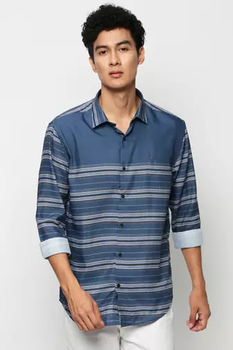 men's long sleeves horizontal stripes blue shirt