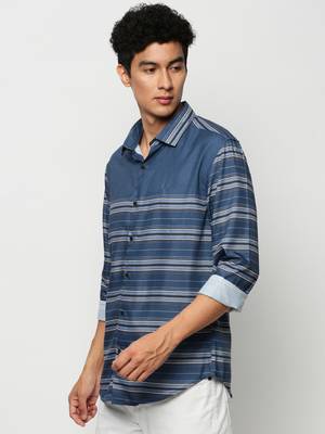 men's long sleeves horizontal stripes blue shirt 3