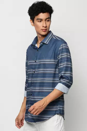 men's long sleeves horizontal stripes blue shirt