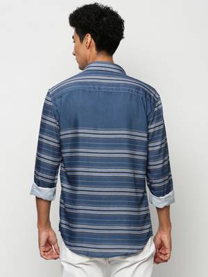 men's long sleeves horizontal stripes blue shirt 4