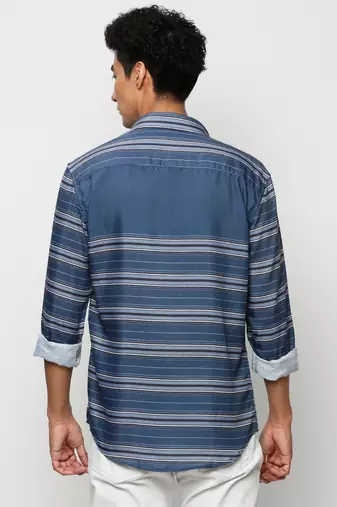 men's long sleeves horizontal stripes blue shirt