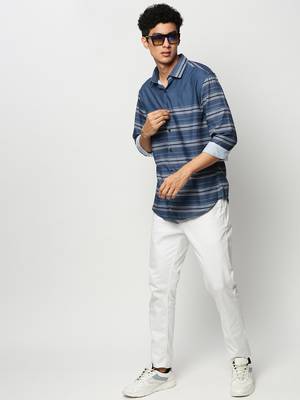 men's long sleeves horizontal stripes blue shirt 5