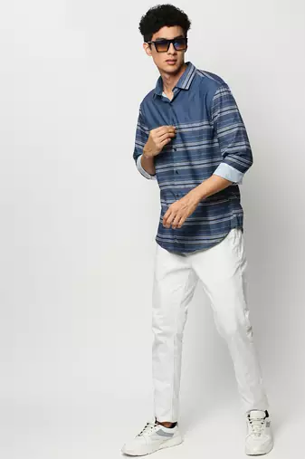 men's long sleeves horizontal stripes blue shirt