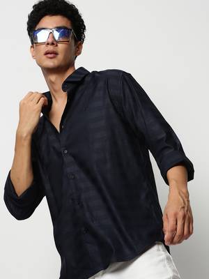men's long sleeves horizontal stripes navy blue shirt 1