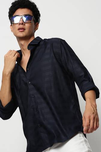 men's long sleeves horizontal stripes navy blue shirt