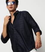 men's long sleeves horizontal stripes navy blue shirt