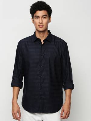 men's long sleeves horizontal stripes navy blue shirt 2