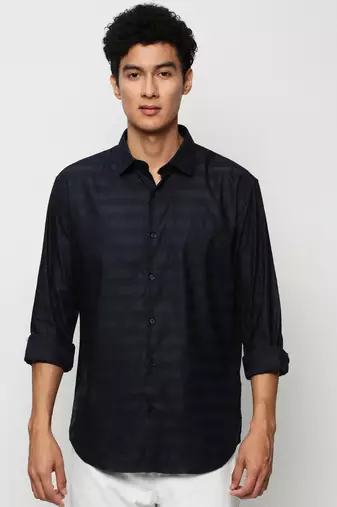 men's long sleeves horizontal stripes navy blue shirt