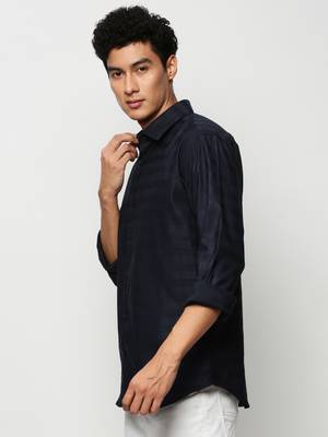 men's long sleeves horizontal stripes navy blue shirt 3