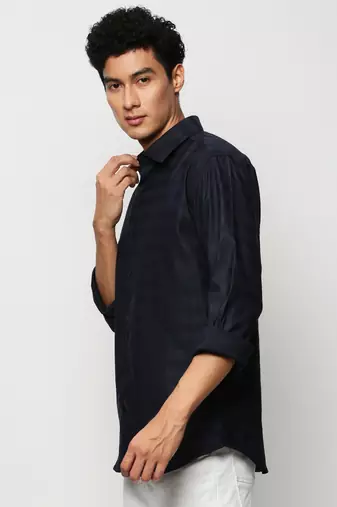 men's long sleeves horizontal stripes navy blue shirt