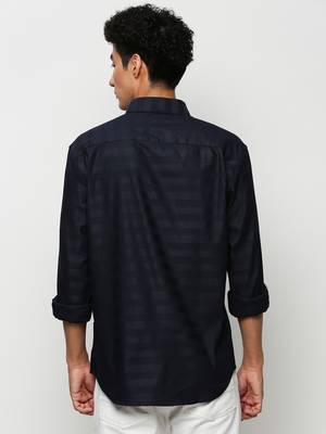 men's long sleeves horizontal stripes navy blue shirt 4