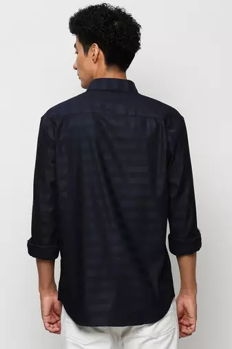 men's long sleeves horizontal stripes navy blue shirt