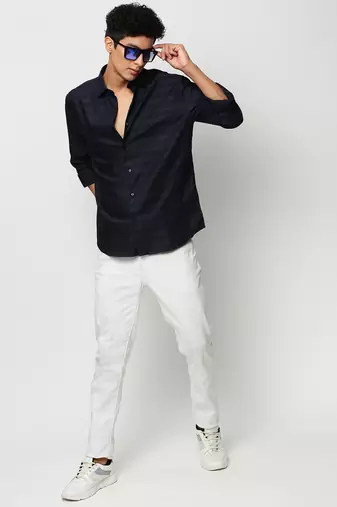 men's long sleeves horizontal stripes navy blue shirt