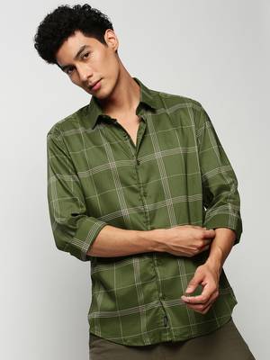 men's long sleeves windowpane checks green shirt 1
