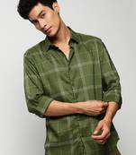 men's long sleeves windowpane checks green shirt