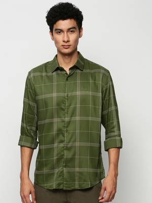 men's long sleeves windowpane checks green shirt 2