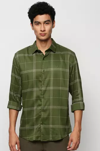 men's long sleeves windowpane checks green shirt