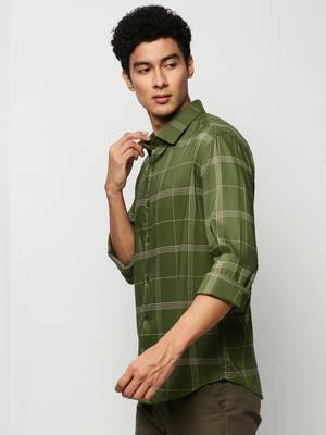 men's long sleeves windowpane checks green shirt 3