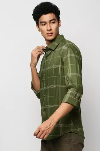 men's long sleeves windowpane checks green shirt
