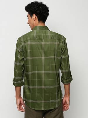 men's long sleeves windowpane checks green shirt 4