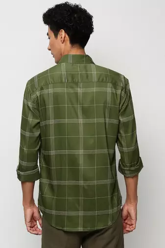 men's long sleeves windowpane checks green shirt