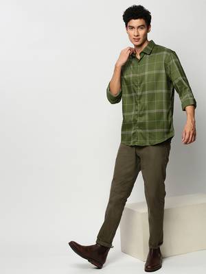 men's long sleeves windowpane checks green shirt 5