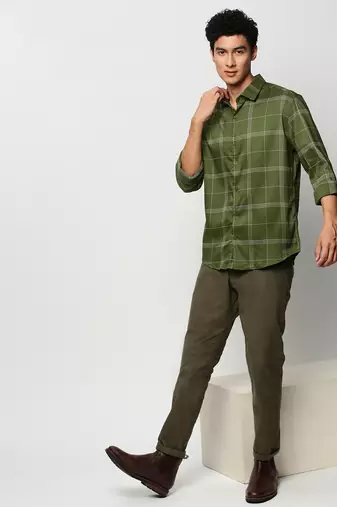 men's long sleeves windowpane checks green shirt